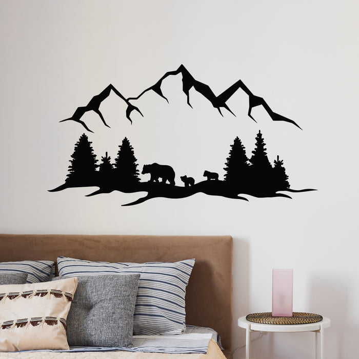 Vinyl Wall Decal Forest And Mountains Silhouette Bear Family Stickers Mural (g9726)