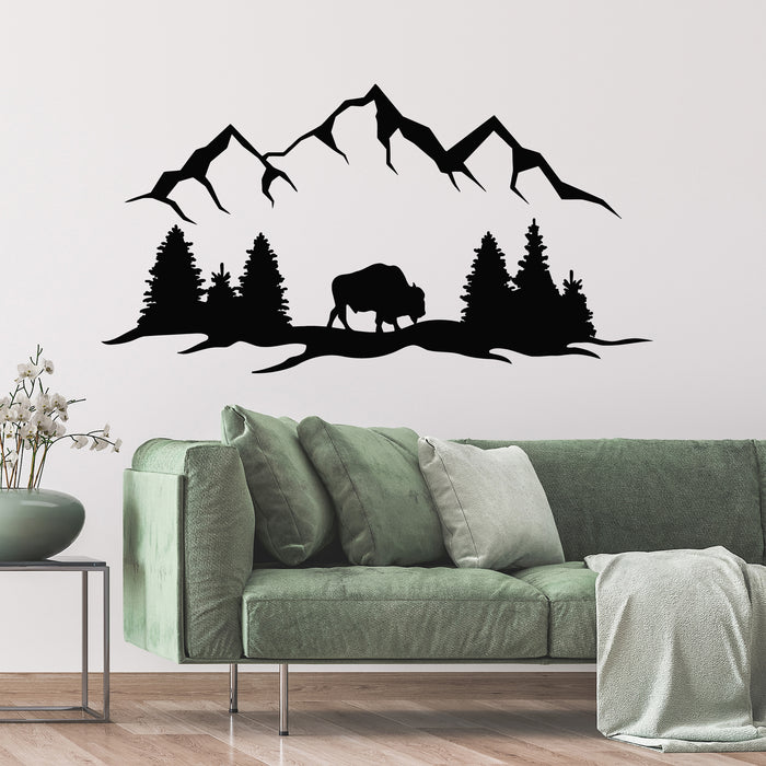 Vinyl Wall Decal American Bison and Mountain Landscape Outdoors Stickers Mural (g9728)