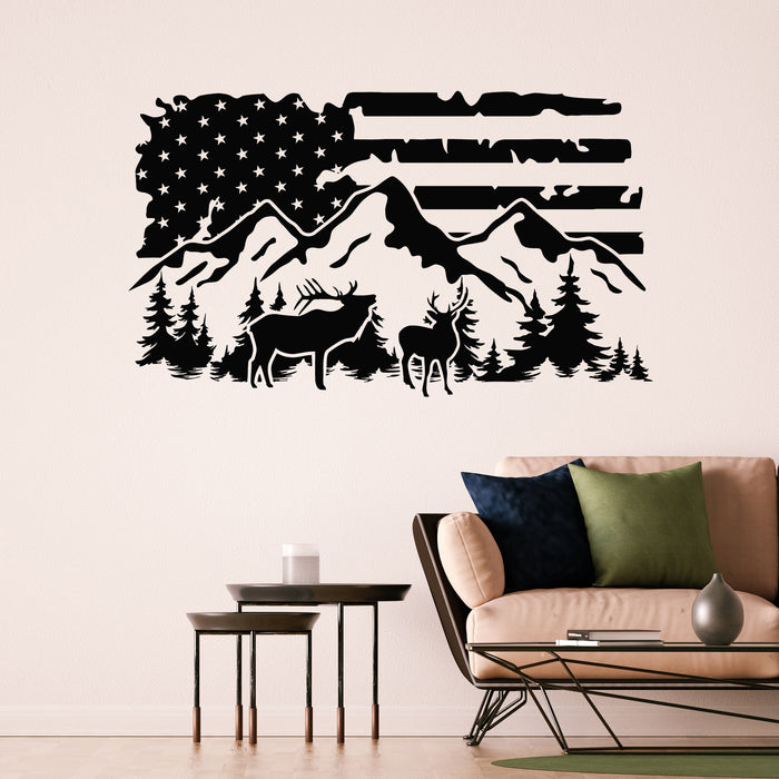 Vinyl Wall Decal Mountain Elk Deer American Flag Patriot Decor Stickers Mural (g9918)