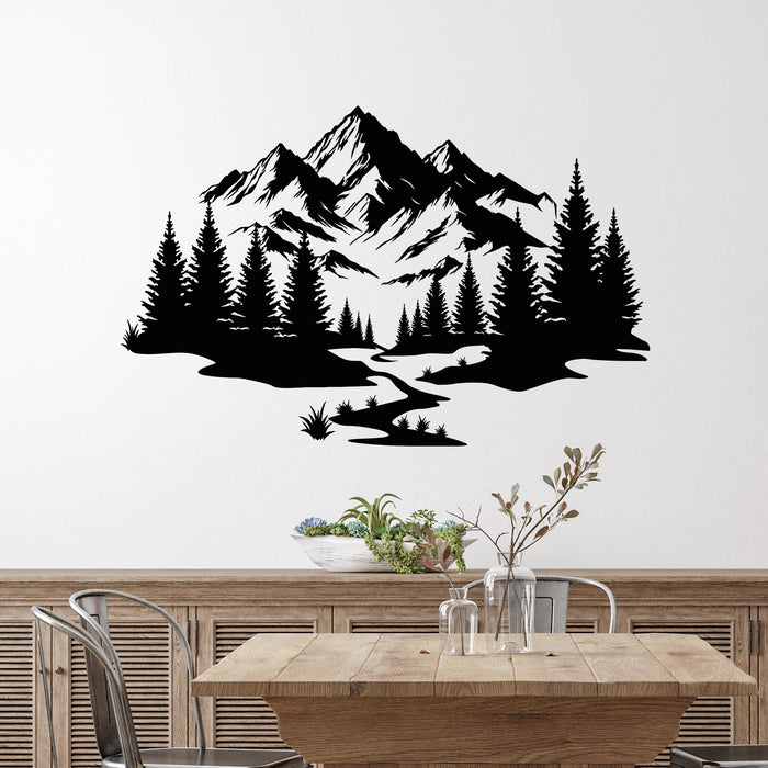 Vinyl Wall Decal Silhouette Of Mountains Peaks And Fir Trees Nature Stickers Mural (g9956)