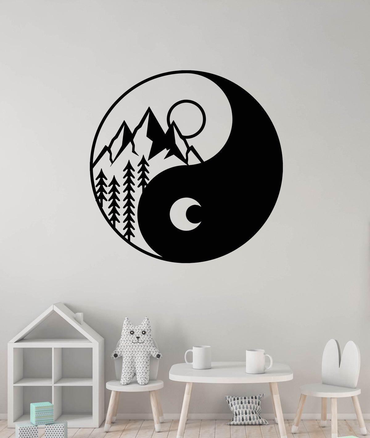 Vinyl Wall Decal Nature Yin Yang Mountains Sun Moon Decor Stickers Mur ...