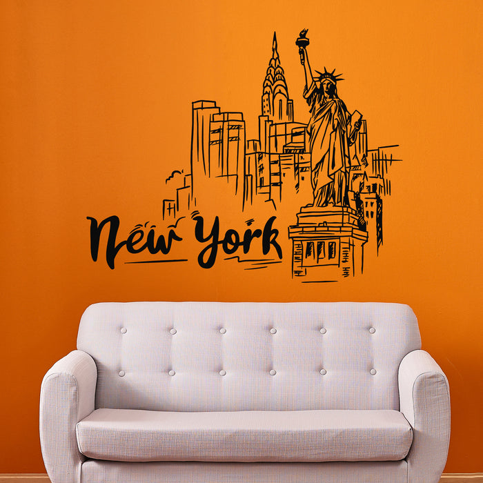 Vinyl Wall Decal New York Statue Of Liberty Skyline Sketch Builder Stickers Mural (g9407)