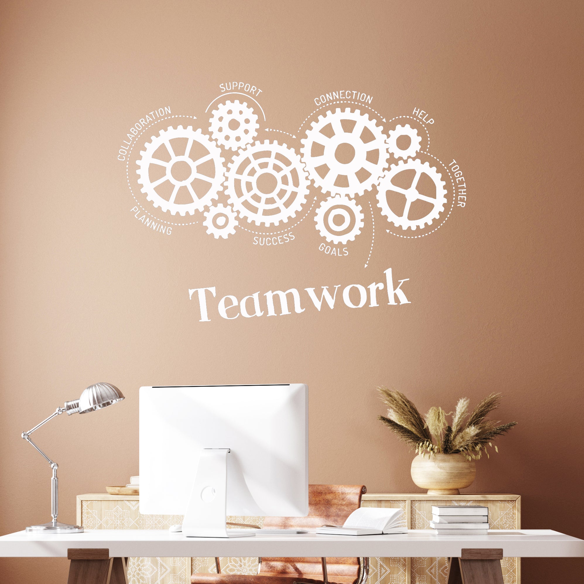 Vinyl Wall Decal Teamwork Gears Words Office Art Decoration Stickers M ...