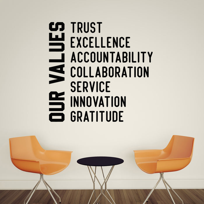 Vinyl Wall Decal Office Quote Poster Our Values Trust Innovation Stick ...