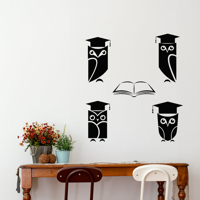 Vinyl Wall Decal Learned Owl With College Hat Open Book School Stickers Mural (g9310)