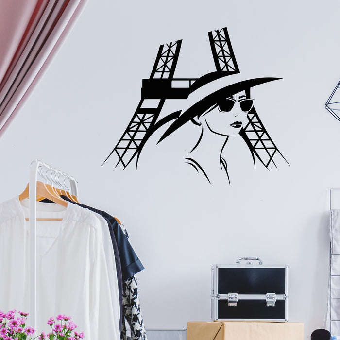 Vinyl Wall Decal Elegant Woman In Sunglasses Hat Fashion Eiffel Tower Stickers Mural (g8950)