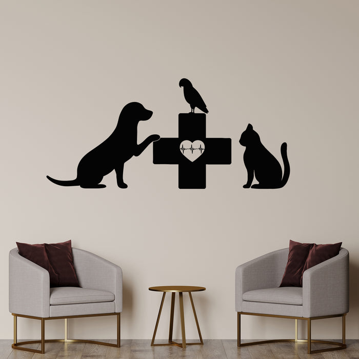 Vinyl Wall Decal Veterinary Clinic Logo Dog Cat And Bird Medical Cross Stickers Mural (g9462)