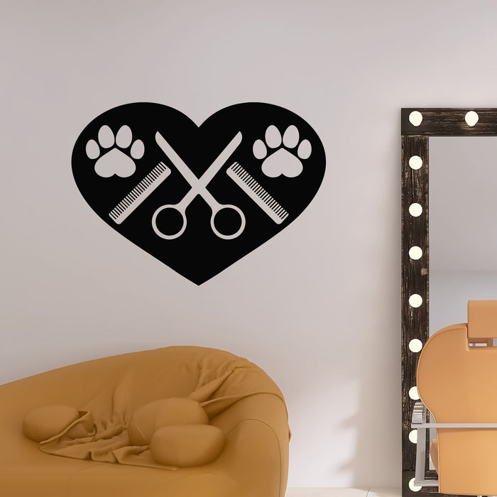 Vinyl Wall Decal Dog Paws With Comb And Scissors Grooming Stickers Mural (g8804)