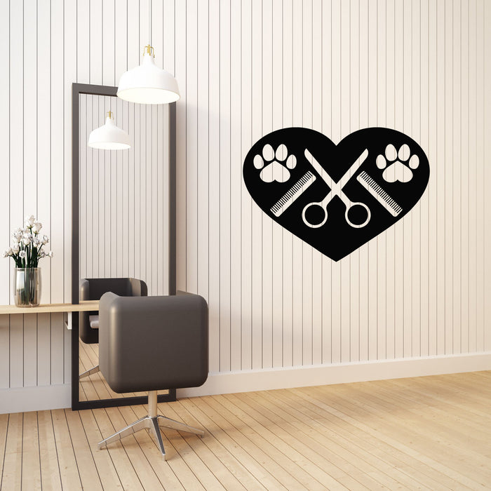 Vinyl Wall Decal Pawprints Heart Groomer Logo Pets Grooming Stickers Mural (g8589)