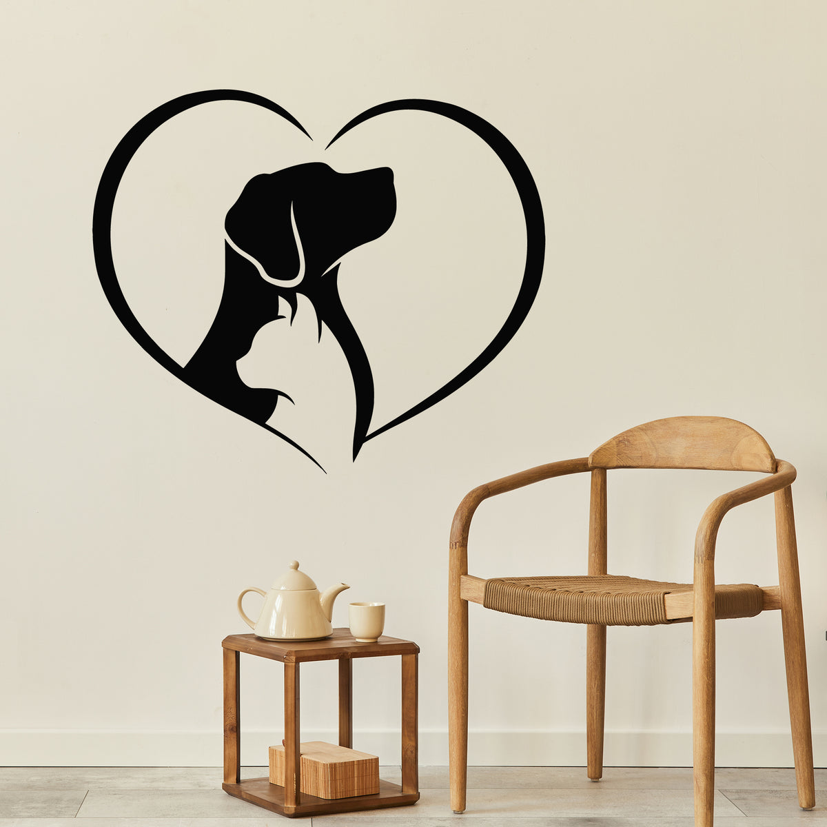 Vinyl Wall Decal Dog With Cat Heart Silhouette Love Symbol Pets Care S