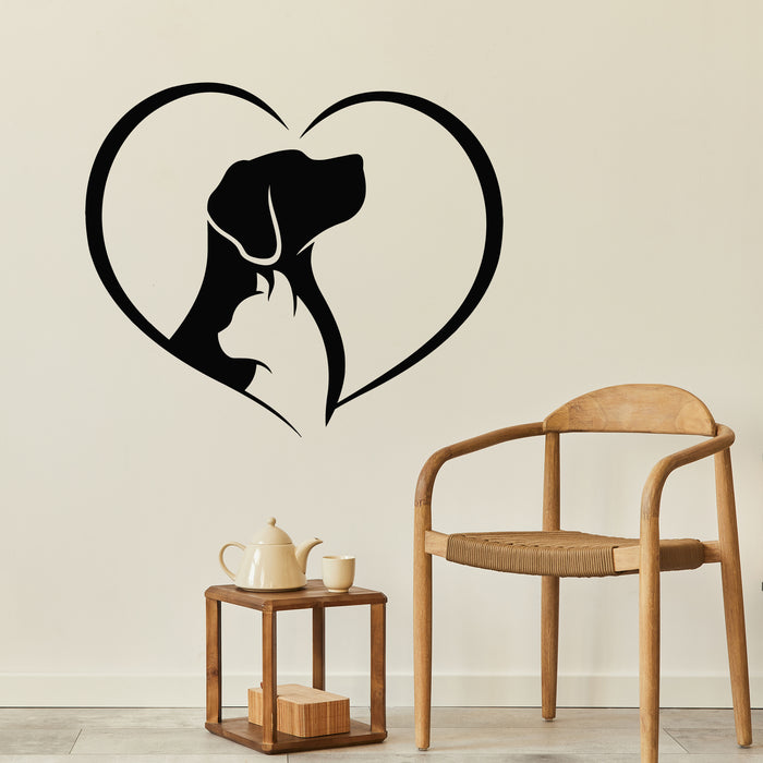 Vinyl Wall Decal Dog With Cat Heart Silhouette Love Symbol Pets Care Stickers Mural (g8878)