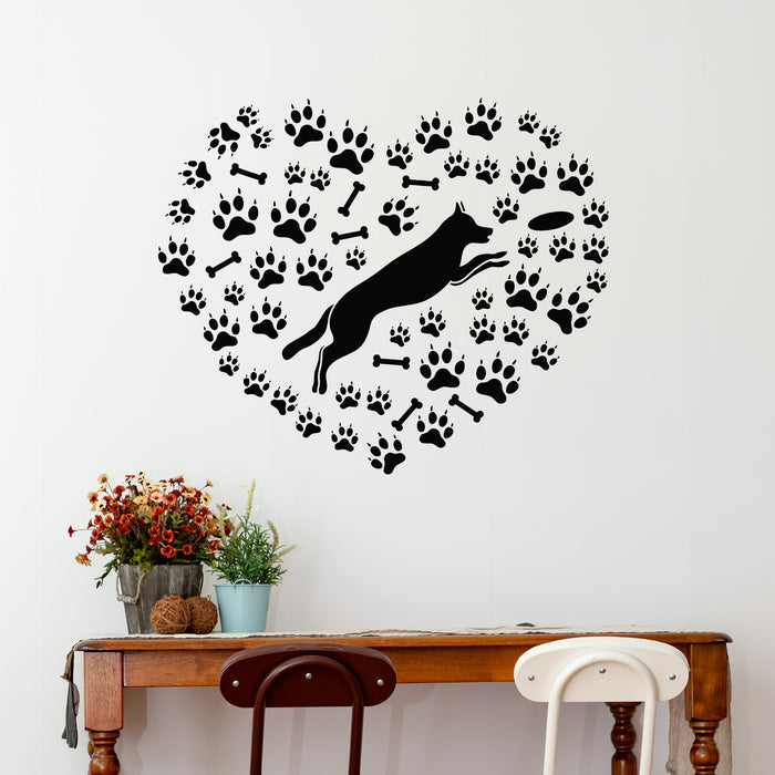 Vinyl Wall Decal Nursery Decor  Dog Heart Silhouette Paw Prints Stickers Mural (g9722)