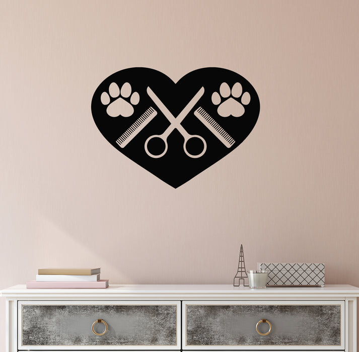Vinyl Wall Decal Pawprints Heart Groomer Logo Pets Grooming Stickers Mural (g8589)