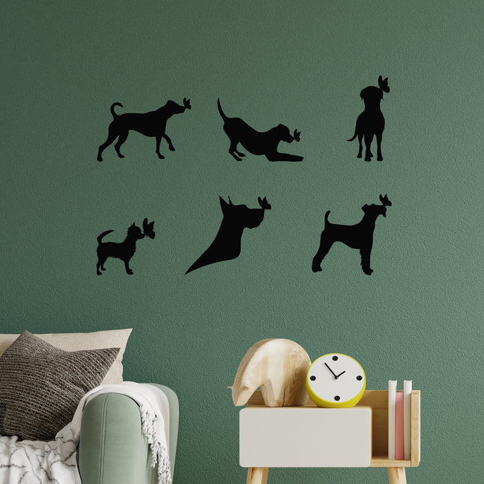 Vinyl Wall Decal Dogs Silhouettes Set With Butterflies Pet Care Stickers Mural (L033)