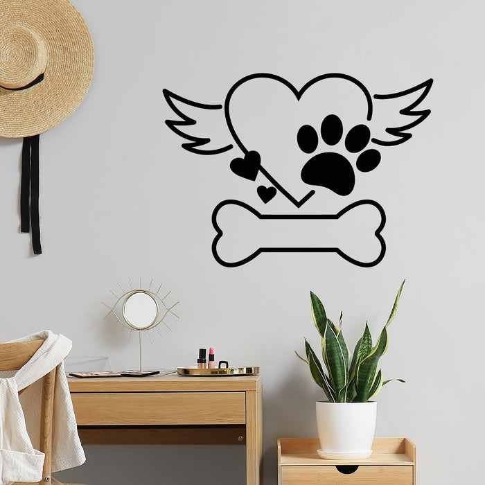 Vinyl Wall Decal Dog Paw Print Heart With Wings Pet Store Stickers Mural (g9753)