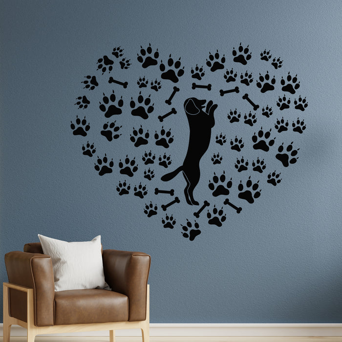 Vinyl Wall Decal Dog Standing On Hind Legs Heart With Paw Prints Stickers Mural (g9894)