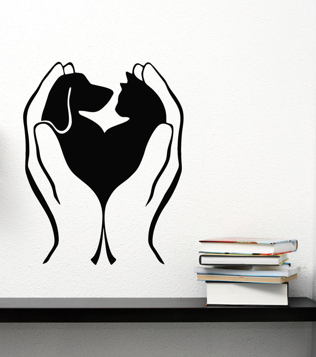 Vinyl Wall Decal Pets Dog And Cat In Hands Animal Shelter logo Stickers Mural (g8617)