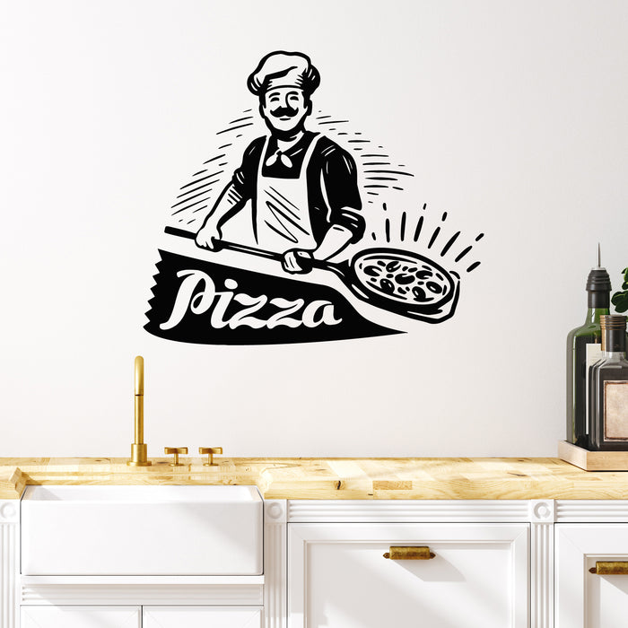 Vinyl Wall Decal Italian Restaurant Logo Pizzeria Happy Chef With Pizza Stickers Mural (g9952)