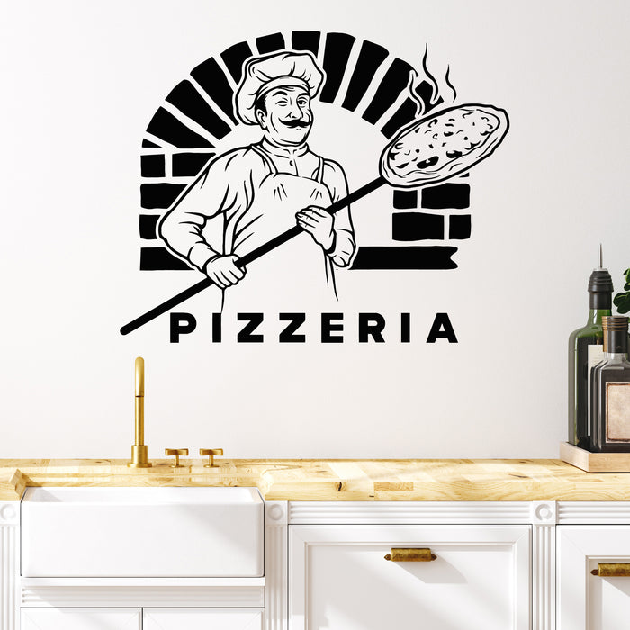 Vinyl Wall Decal Cook Puts Pizza Into Oven Pizzeria Bakery Chef Stickers Mural (g9976)