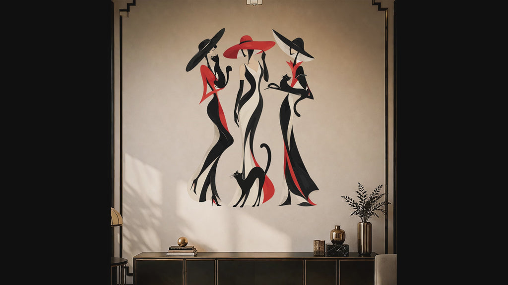 Slow zoom toward three stylized women in sweeping black and red outfits, joined by playful cats