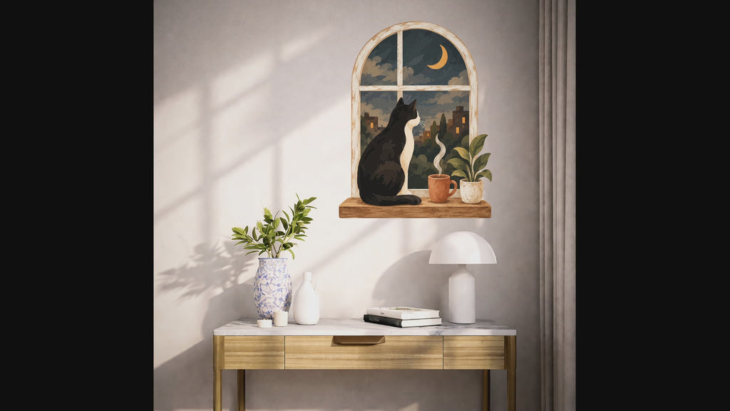 Slow zoom toward a seated cat looking through an arched window at a moonlit city scene, with plants and a cup below