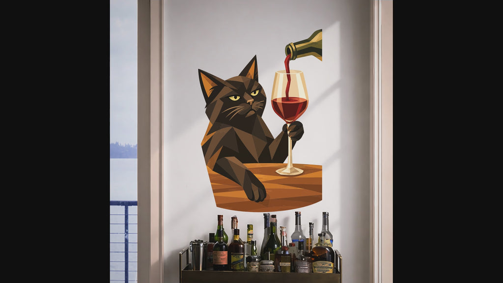 Black cat holding a glass of red wine wall decal video