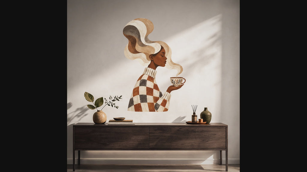 Slow zoom toward a woman holding a cup of coffee, with flowing hair and a warm checkered outfit