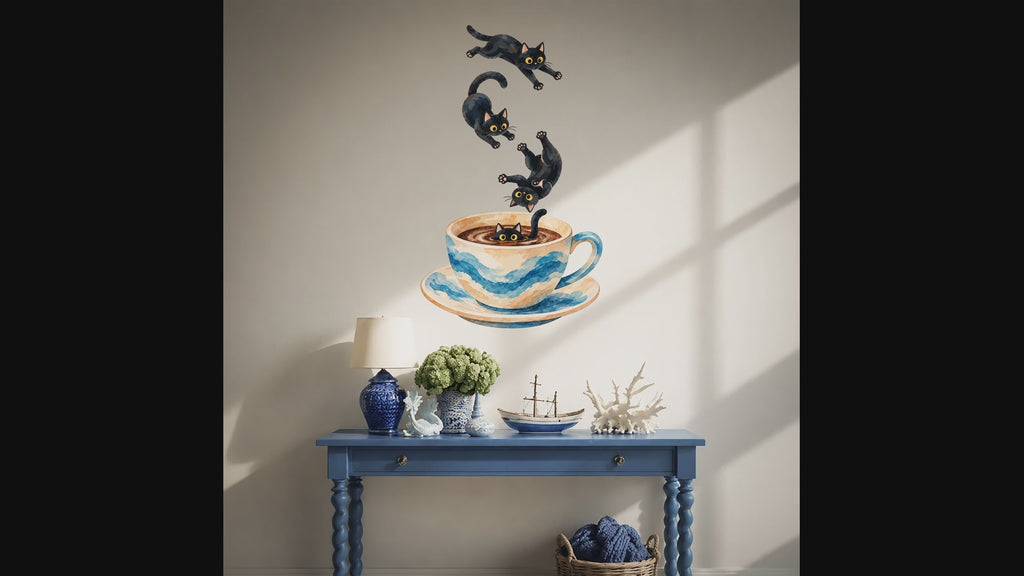 Slow zoom toward four playful black cats tumbling toward a blue coffee cup