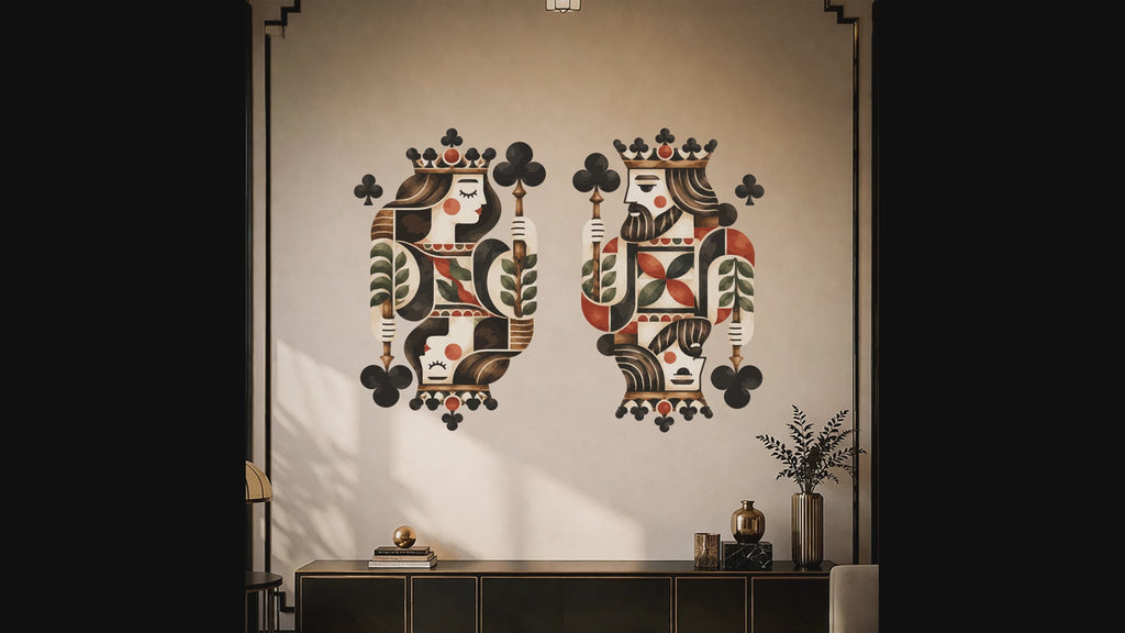Slow zoom toward a richly patterned king and queen of clubs with red, cream, black, and olive details