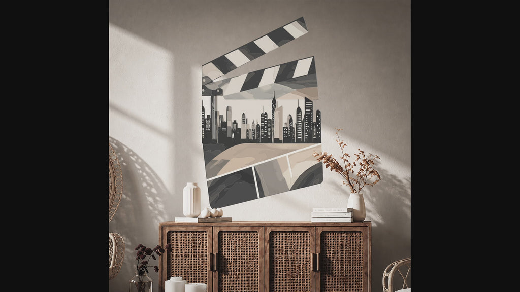 Movie clapperboard and city skyline wall decal in a room