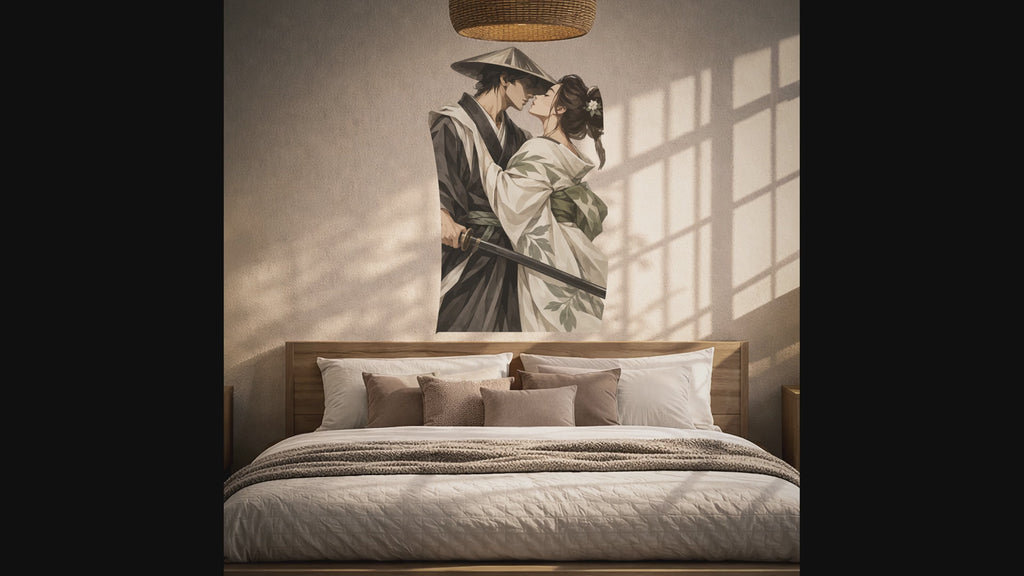 Samurai and kimono couple sharing a kiss wall decal video