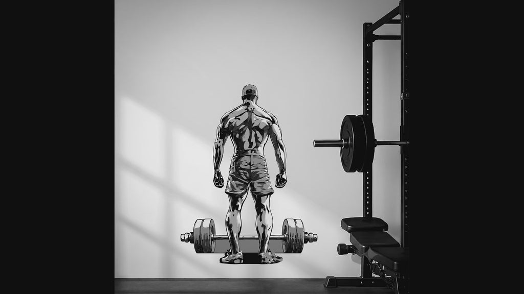 Bodybuilder and barbell gym wall decal in an interior view