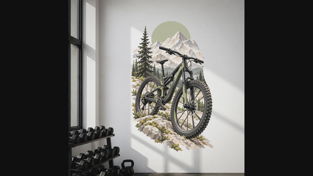 Mountain bike with alpine peaks and evergreen trees wall decal video