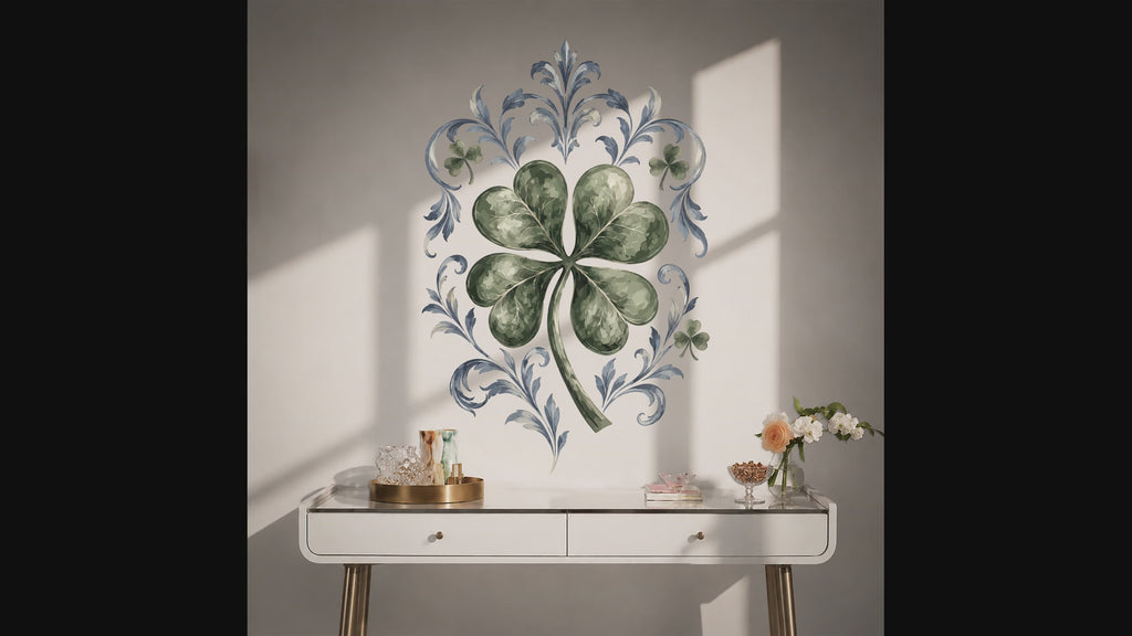 Green four-leaf clover with blue botanical scrollwork wall decal video