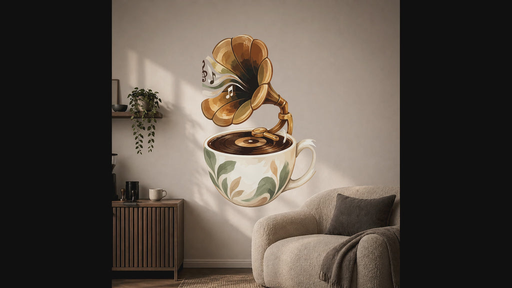 Coffee cup gramophone with a golden horn wall decal video