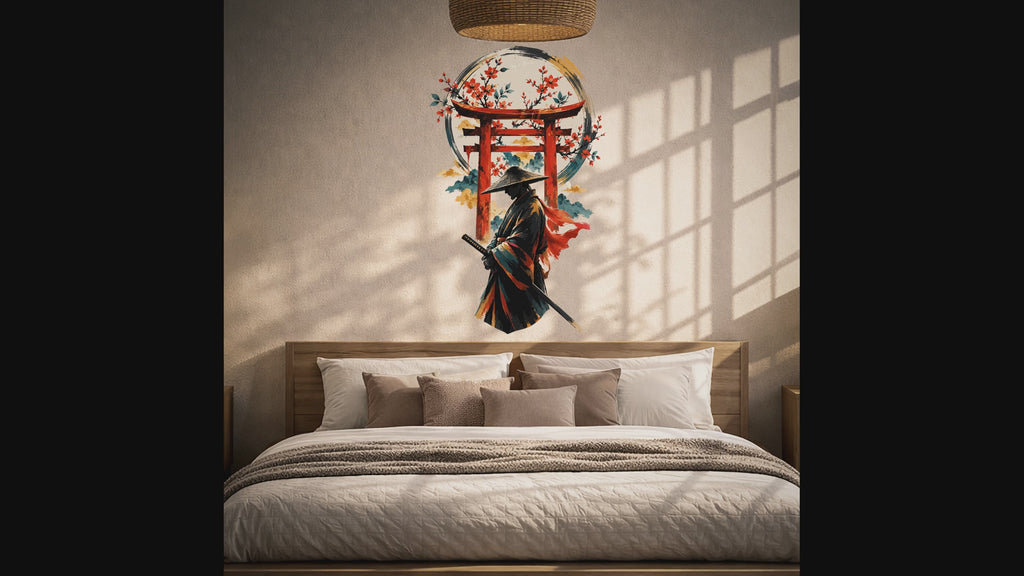 Samurai beneath a red torii gate and flowering branches wall decal video