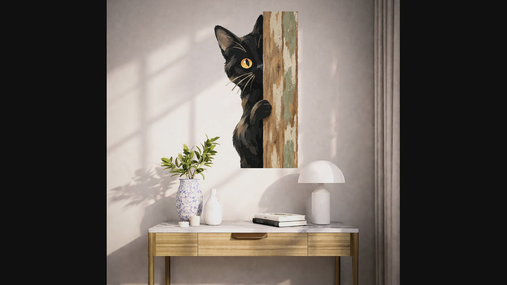 Colorful Peeking Black Cat on Wood Vinyl Wall Decal Art interior video