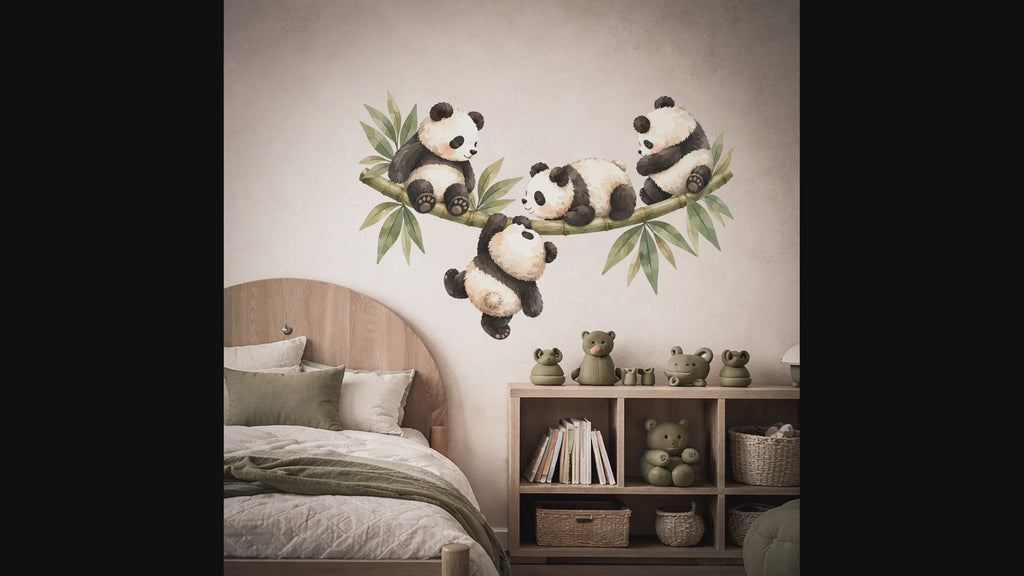 Colorful Four Playful Pandas on Bamboo Wall Decal Art interior video