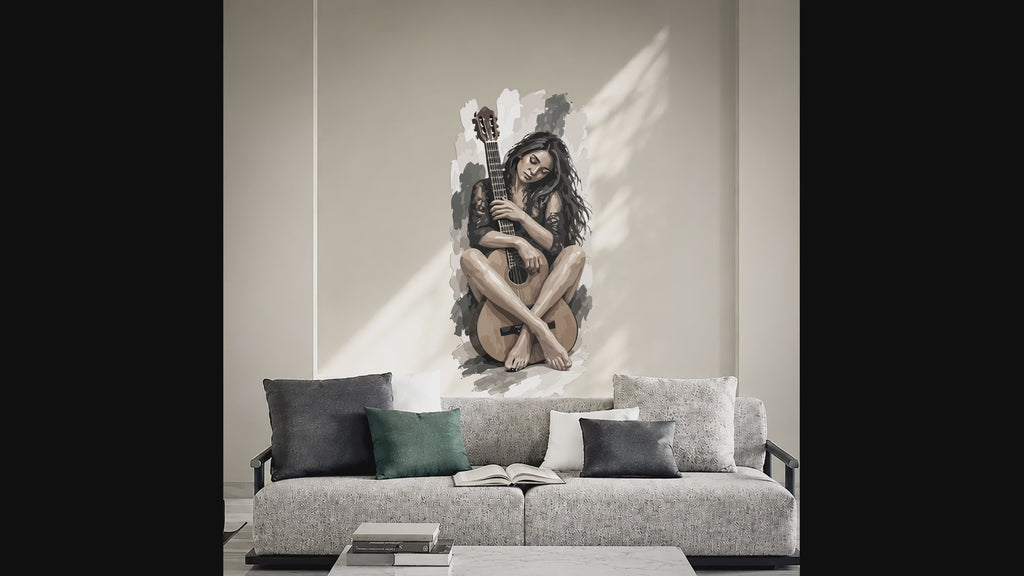 Seated woman playing guitar wall decal product video