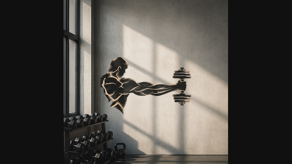 Athlete holding a dumbbell wall decal in a gym interior