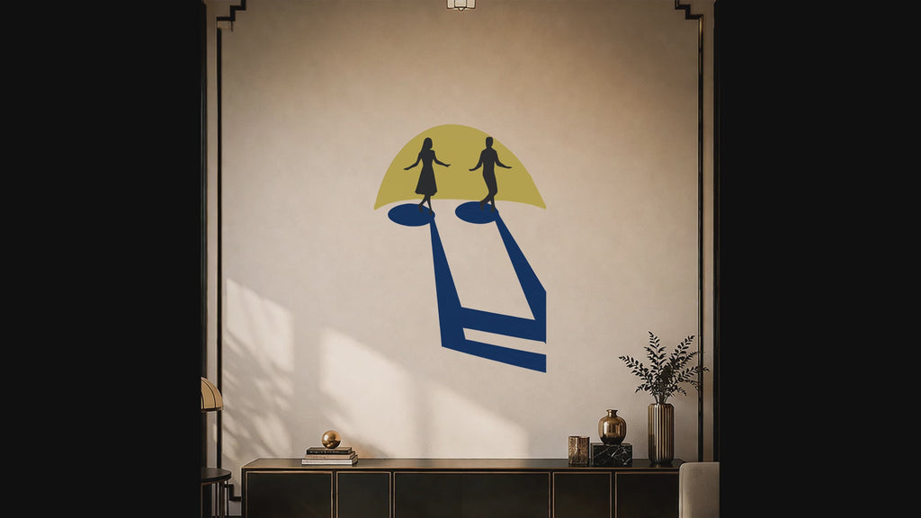 Colorful dancers and yellow umbrella wall decal in an interior