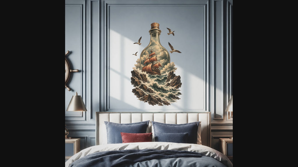 Sailing ship in a bottle with ocean waves and seabirds wall decal video
