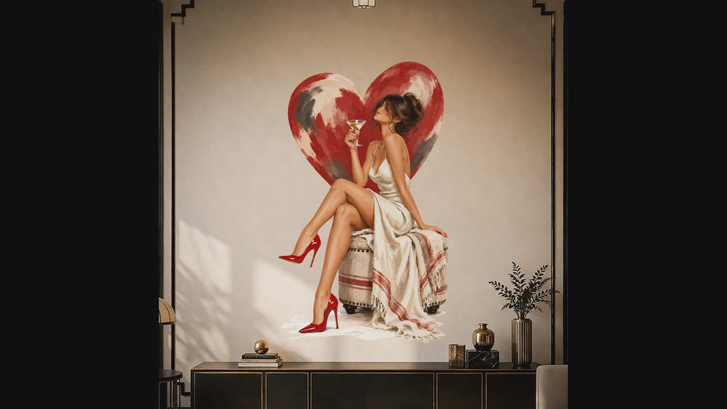 Woman with wine and red heart wall decal interior video