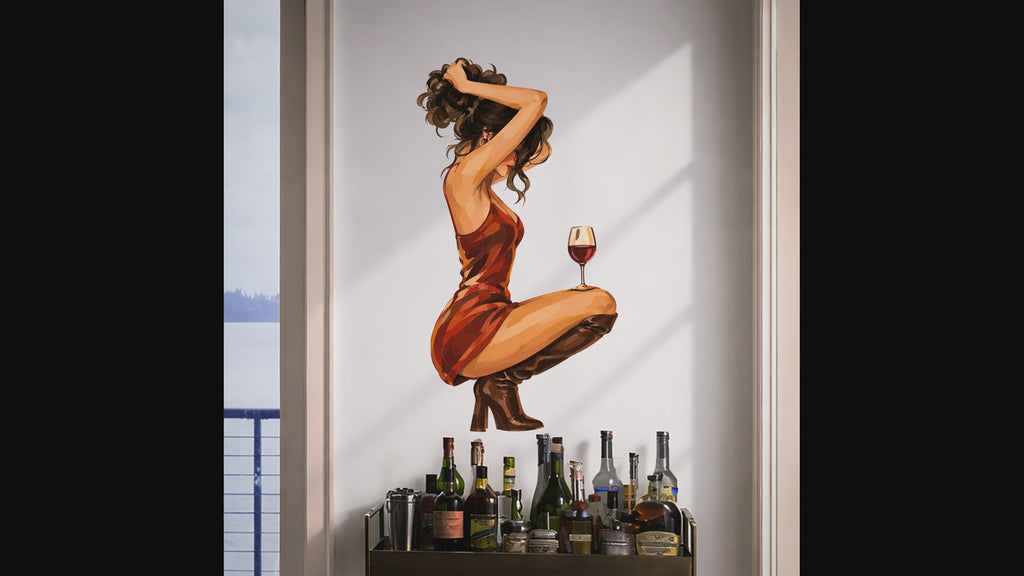 Woman in a red dress with a wine glass wall decal video