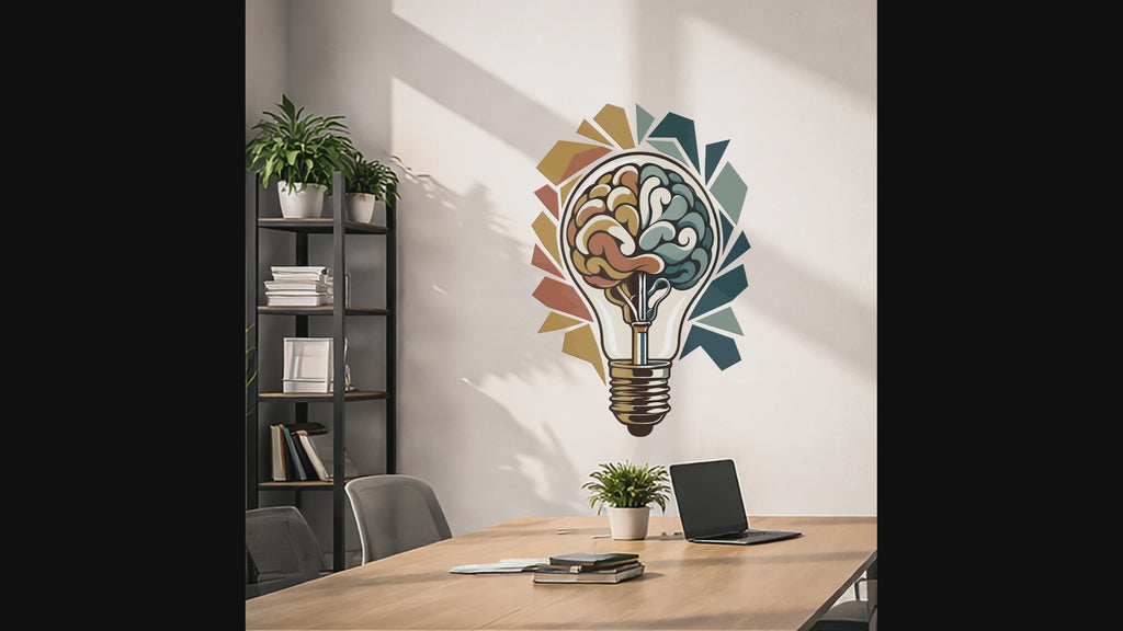 Brain inside a light bulb wall decal shown in an office interior