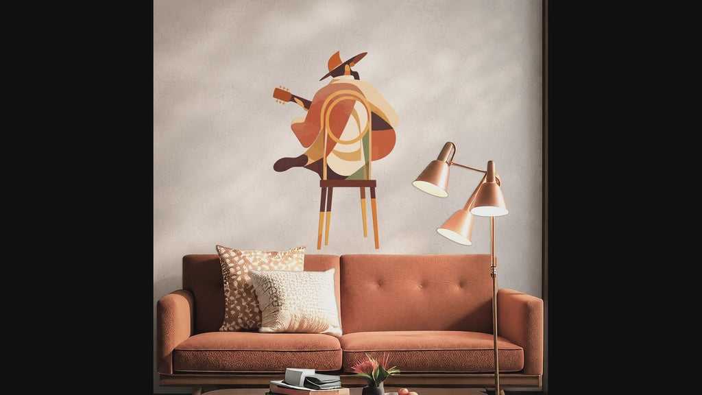 Abstract orange guitar wall decal in a room
