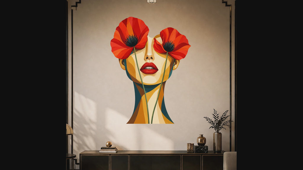 Slow zoom toward a woman's face framed by vivid red poppies and geometric warm colors