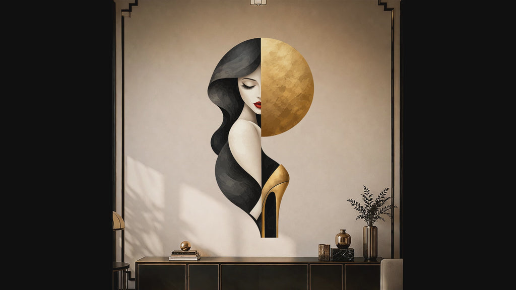 Woman's portrait with gold circle and high heel wall decal video