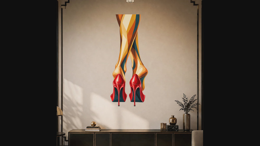 Slow zoom toward a pair of vivid red high heels beneath long, colorful legs