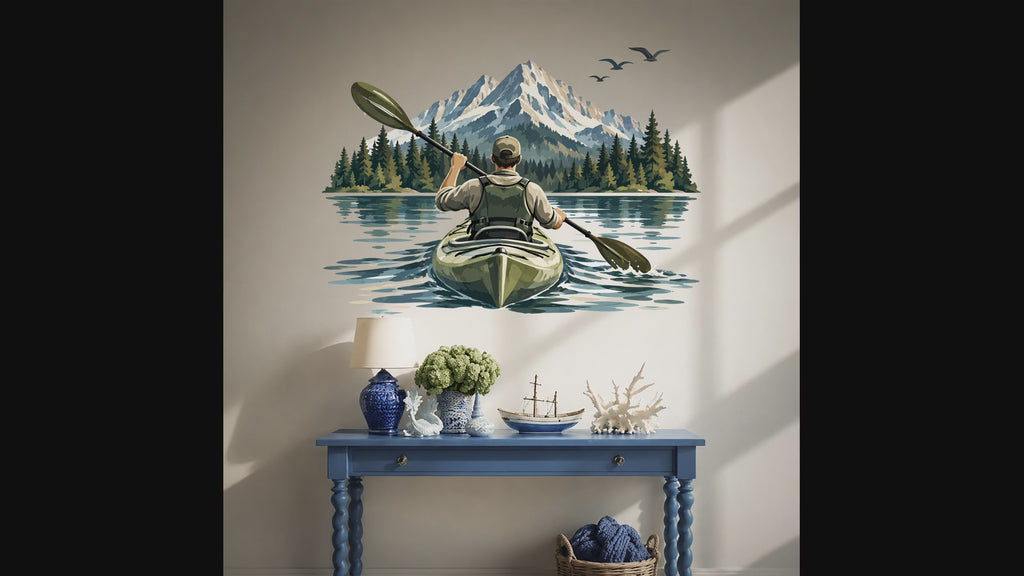 Slow zoom toward a kayaker paddling toward snowy mountains across a blue lake framed by evergreen trees